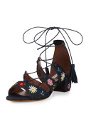 Isadora Floral-Embroidered Lace-Up Sandal, Blue