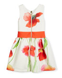 Sleeveless Floral Smocked Ponte Dress, White/Coral, Size 7-16
