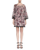 Cactus-Print Silk Babydoll Dress, Pink/Burgundy