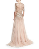 Beaded Short-Sleeve Tulle Gown