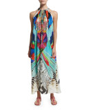 Printed Silk Crepe Halter Maxi Dress, Soaring 