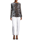 Draped Leopard-Print Long-Sleeve Tee, Leopard