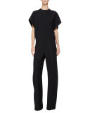 Short-Sleeve Belted Jumpsuit, Black