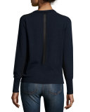 Elana Mesh-Trim Pullover Sweater, Navy