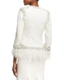 Beaded Boucle Jacket with Feather Hem, Ivory