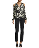 Painterly-Print Cold-Shoulder Blouse