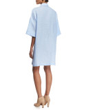 Half-Sleeve Linen Shirtdress, Light Blue