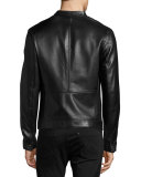 Greek Key Leather Cafe Racer Jacket, Black