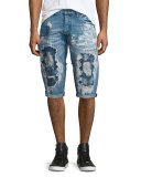 Destroyed Bleach-Splatter Denim Shorts, Blue