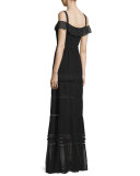 Flora Off-the-Shoulder Tiered Maxi Dress, Black