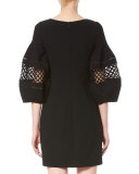 Crochet-Inset 3/4-Sleeve Shift Dress, Black