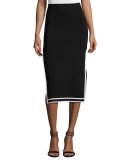 Sporty Border Side-Slit Midi Skirt, Black/White