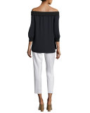 Marlo Silk Off-the-Shoulder Blouse w/ Ribbed Trim