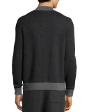 Cotton-Cashmere Baseball Cardigan, Black/Derby Gray