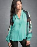 Raine V-Neck Silk Blouse w/ Lacy Printed Sleeves, Jade Multi