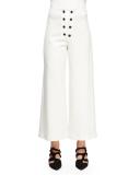 Sailor-Button Wide-Leg Ankle Pants, White