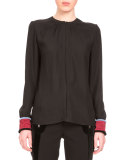 Marie Fringe-Cuff Long-Sleeve Blouse, Black
