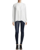 Long-Sleeve Bibbed Chiffon Blouse, Ivory