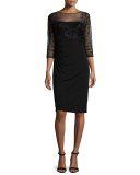 3/4-Sleeve Beaded-Bodice Ruched Sheath Dress 