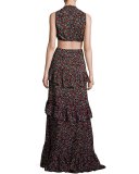 Brie Tiered Floral Silk Maxi Dress, Black/Multicolor