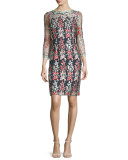 Garland Wisteria-Embroidered Sheath Dress, Black/Multi
