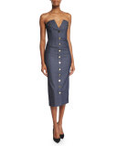 Strapless Bustier Denim Tuxedo Dress, Indigo