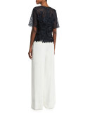 Short-Sleeve 3D Embroidered Lace Blouse, Navy