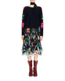 Floral-Embroidered Long-Sleeve Sweater, Navy