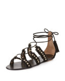 Tulum Fringed Suede Flat Sandal, Black