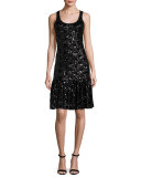 Sleeveless Sequined Lace Mesh Dress, Black