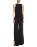 Side-Slit Wide-Leg Pants, Black