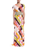 Parioli-Print Coverup Maxi Dress w/Tie, White/Pink Green