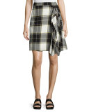 Gina Draped Plaid A-Line Skirt, Yellow/White/Gray