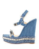 Cataclou Denim 140mm Wedge Red Sole Sandal, Blue/Silver
