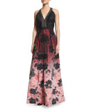 Sleeveless Floral Ombre Gown, Black/Crimson