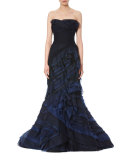 Strapless Ombre Ruffled Gown, Navy