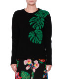 Cashmere Palm Intarsia Pullover Sweater, Black/Green