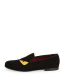 Monster Eyes Suede Evening Slipper, Black