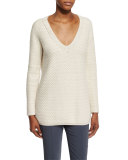 Long-Sleeve V-Neck Textured Pullover, White/Camel