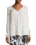 Slit-Sleeve Tie-Front Silk Blouse, Alabaster