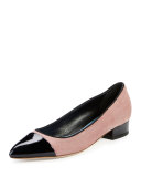 Suede Pointed Cap-Toe Pump, Medium Pink/Black