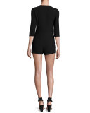 Farah Ruffle-Neck 3/4-Sleeve Romper, Noir