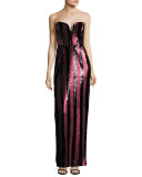 Carly Strapless Striped Sequin Column Gown, Red/Black