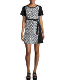 Short-Sleeve Chevron-Print Dress, Sand/Navy