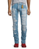 Distressed Slim-Fit Denim Jeans, Blue