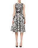 Printed Sleeveless Belted A-Line Dress, Black/White