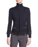 Fringe-Trim 3/4-Sleeve Jacket, Navy/Caviar