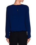 V-Neck Button-Cuff Blouse, Royal Blue