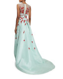 Sleeveless Draped Illusion Gown w/Contrast Floral Appliques, Seafoam