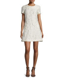 Short-Sleeve Matelasse A-Line Dress, Ivory